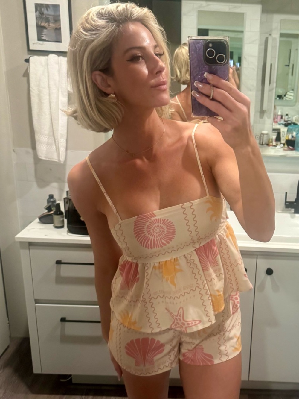 Women’s Cream Shell-Print Camisole Top with Tie Back and Short set